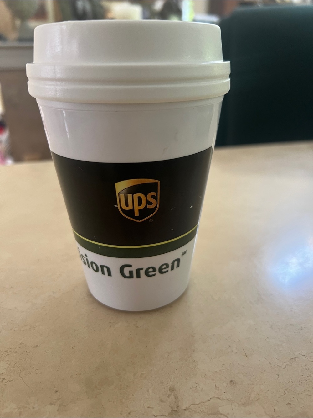 UPS Decision Green Insulated White Travel Cup with Brown and Green Accent 12oz.